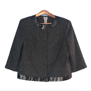 Worthington L retro grey tweed‎ black crinkled faux black leather crop jacket
